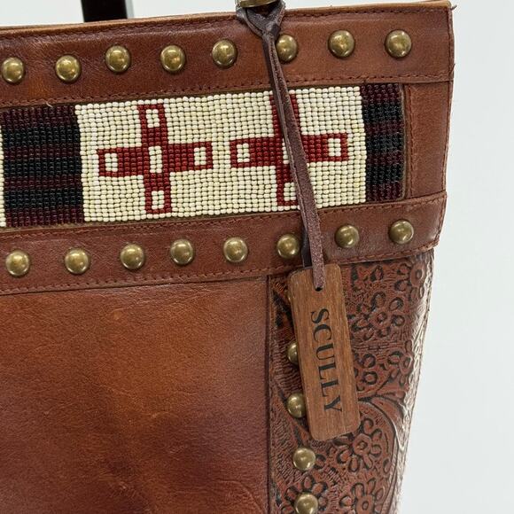 Vtg Scully Brown Tooled Beaded Leather Shoulder Bucket Bag Purse Western Boho - Picture 5 of 11